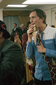 Joshua Katz-Rosene performs with the Bogotá-based panpipe troupe Zampoñas Urbanas at an event organized by the Bolivian embassy in Colombia to commemorate the 5th anniversary of Evo Morales' presidency (Photo: Laura Molina Benavides).